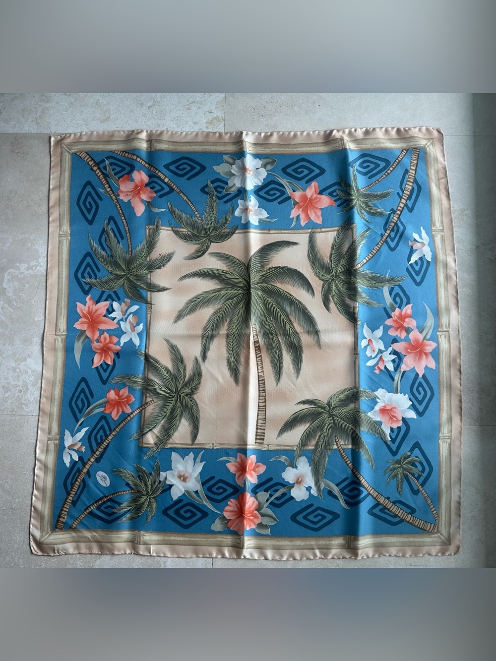 Vintage Tommy Bahama Blue Tan Palm Tree Floral 100% Silk Scarf